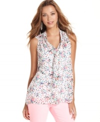 Avian love: colorful birds soar across this breezy, sleeveless bow blouse from Pout!