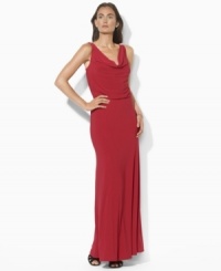 A flowy bodice and gathered waist lend an ultra-feminine feel to Lauren Ralph Lauren's matte jersey gown, accented with rhinestone pins at the shoulders for a look that exudes goddess-like glamour.