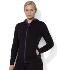 Lauren Ralph Lauren's woven plus size jacket with an embroidered L-RL logo shows off your stylish sporty side with tonal side panels and a contrasting waffle-knit hood interior.