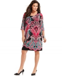 Pump up the volume with INC's three-quarter sleeve plus size dress, showcasing a vibrant print!