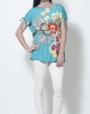 Women's Bacci Carmen Floral Print Bat Sleeve Top in Aqua Small