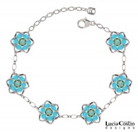 European Style Bracelet by Lucia Costin with Mint Blue, Turquoise Swarovski Crystals, Twisted Lines and Star Shaped Middle Flowers; .925 Sterling Silver with 24K Yellow Gold over .925 Sterling Silver; Handmade in USA