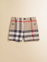 Classic checks blown way up are both handsome and sporty on pure cotton shorts.Elasticized back waist with single button and belt loopsZip flyFlat frontAngled button pocketsBack button-flap pocketsCottonMachine washImported