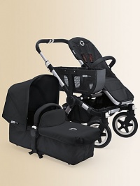 Convertible stroller can accommodate one child (mono), two children (duo) or twins; in three simple clicks.