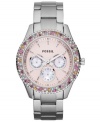 A boyfriend-inspired Stella collection watch by Fossil with added glam, thanks to colorful stone accents at the bezel.