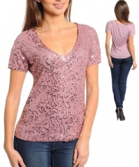 G2 Fashion Square Short Sleeves Dusty Rose Sequin Top(TOP-CAS,PNK-M)