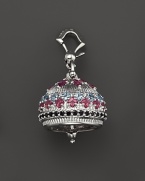 Inspired by Zen philosophy, this intricately detailed, matte sterling silver meditation bell from Paul Morelli is set with blue topaz, pink rhodolite and black spinel.