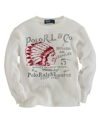 An old-fashioned Polo R.L. & Co logo and a chief graphic lend vintage character to a waffle-knit thermal shirt.