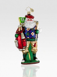 Wearing a preppy argyle sweater, a handcrafted glass Santa hits the open field while carrying his trusty gold clubs. Hand-blownHand-painted6 tallMade in Poland