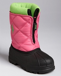 With a colorful fleece lining that peeks out the top, quilted waterproof shell and molded rubber sides and sole, this cozy snowboot is designed for stylish fun all winter long.