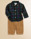 An ultra-preppy set includes a tartan plaid woven cotton shirt, a corduroy pant and a matching grosgrain ribbon belt. Shirt Button-down collarLong sleevesButton-frontShirttail hemPants Waistband with belt loopsSewn faux flyCottonMachine washImported Please note: Number of buttons may vary depending on size ordered. 