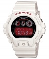 Hit the slopes or the surf with this bright watch watch by G-Shock. White resin strap and round case with red logo embossed at bezel. Black dial with red negative display digital dial features shock resistance, multi-band atomic timekeeping, stop watch, world time, four daily alarms & one snooze alarm, countdown timer, mute function and 12/24-hour formats. Quartz movement. Water resistant to 200 meters. One-year limited warranty.