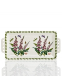 Plant this pierced sandwich tray alongside other classic pieces from Portmeirion's Botanic Garden dinnerware collection for added charm. Lifelike flowers bloom and entice colorful butterflies on white porcelain with a triple-leaf border.