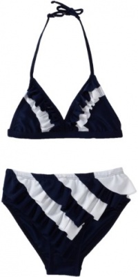 Flapdoodles Girls 7-16 Nautical Ruffle Two Piece Bikini, Navy/White, 14