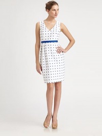 Textural woven cotton, studded with sweet polka dots and defined by grosgrain ribbon at the waist.V necklineSleevelessGrosgrain waistbandFront skirt pleatsConcealed back zipFully linedAbout 22½ from natural waist81% cotton/13% nylon/6% polyesterDry cleanImported of Italian fabricModel shown is 5'10½ (179cm) wearing US size 4. 