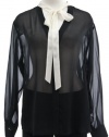 DKNY Black Silk Button Front V-Neck Blouse With Contrast Tie Medium