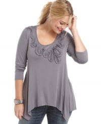 An embellished neckline showcases ING's long sleeve plus size top, finished by a handkerchief hem.