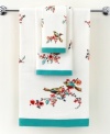 Featuring the blossoming branches and water-colored birds of the whimsical dinnerware pattern, the Chirp printed bath towel from Lenox Simply Fine brings the beauty of the outdoors right inside your bath. Featuring pure cotton terry accented with a bold teal border.