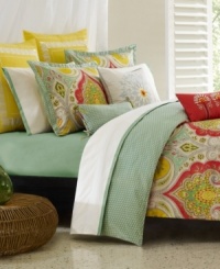 Inspired by the intricate, eye-catching artistry of Indian designs, the Jaipur comforter set renews your room with an exotic appeal. The face of the comforter and sham features a lavish design of yellow, spice and aqua tones, and reverse to an aqua diamond motif that coordinates with the matching bedskirt.