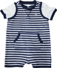 Ralph Lauren Layette Boy's Striped Shortall Set (6 Month, Navy Blue)