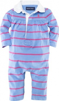 Ralph Lauren Layette Girl's Rugby-Striped Coverall (6 Month, Harbour Island Blue)