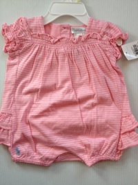 Ralph Lauren Polo Pony Baby Pink and White Stripe Bubble Ruffle Shortalls Shorts, Size 3 Months