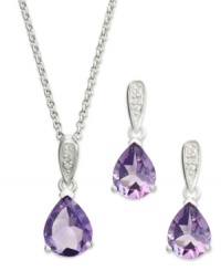 Introducing rich, jewel tone hues! Victoria Townsend's beautiful drop earrings and matching pendant feature pear-cut amethyst (4-1/3 ct. t.w.) accompanied by sparkling diamond accents. Crafted in sterling silver. Approximate length: 18 inches. Approximate drop (pendant): 3/4 inch. Approximate drop (earrings): 1-1/6 inches.