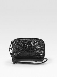 Shiny, laminated lambskin with a crinkle finish, crafted in a travel-ready zip pouch with wristlet strap.Detachable wristlet strap, 6½ dropTop-zip closureOne outside zip pocketOne inside zip pocketCenter compartment with four open slotsFully lined5½W X 4H X 1DImported