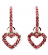 Small Crystal Half Hoop With Dangling Dark Pink Crystal Open Heart Charm Earrings - Silver Rhodium Plated