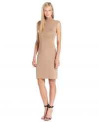 Calvin Klein's mock-neck sheath is precision-cut and adorned with shiny gold buttons at the shoulder. (Clearance)