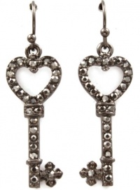 Hematite Plated Sparkling Black Crystal 1 Open Heart Shaped Key Charm Dangle Earrings