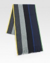 A multicolored stripe design with fringe accents.Fringed ends9W x 71LCottonHand washImported