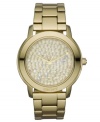 Like shimmering stones at the bottom of the sea, this golden watch from DKNY is timeless and pure. Crafted of gold ion-plated stainless steel bracelet and oval case with logo at bezel. Dial features 106 gold tone crystal accents and three hands. Quartz movement. Water resistant to 50 meters. Two-year limited warranty.