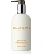 Wrap yourself in amber cocoon, the richly spiced soothing hand lotion from Molton Brown. Infused with amber essence and the warm aromas of Indian gaiac wood, vetiver and Siberian pine essential oils. This is the ultimate caring and hydrating hand lotion. 10 oz.Ingredients: Amber essence Indian gaiac wood Vetiver Siberian pine essential oils