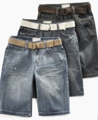 Get him ready for warm-weather with these versatile belted denim shorts from Epic Threads.