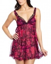 Betsey Johnson Women's Chiffon Babydoll With Peekaboo Lace, Drop Dead Gorgeous Blackberry Pie, Large