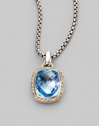 From the Noblesse Collection. An eye-catching faceted blue topaz is edged in pavé diamonds and hangs on a sterling silver cable chain. Blue topaz Diamonds, 0.3 tcw Sterling silver Chain length adjusts from about 16 to 17 Pendant width, about ½ Lobster clasp Made in USA