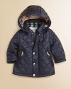 Keep him snug and dapper in this classic check-lined, quilted coat with removable hood and lots of pockets.Snap-off lined hoodStand collarLong sleevesSnap front and zip closureTwo zip-up slash pockets Fully linedNylonMachine washImported Please note: Number of snaps may vary depending on size ordered. 