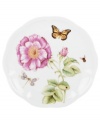 Grow your garden. Sized for salad or dessert, the Butterfly Meadow Bloom accent plate from Lenox features the sturdy, scalloped porcelain of original Butterfly Meadow dinnerware but with fresh pink and violet blossoms.