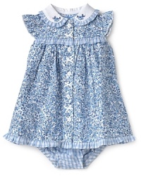 Little Me's dress and bloomer set recalls the sweet simplicity of country living with rich floral patterns trimmed with tonal gingham.