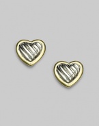 From the Heart Collection. Modern hearts, sculpted in cabled sterling silver, framed in 18k gold. Sterling silver and 18k yellow gold Length, about ½ Post back Imported