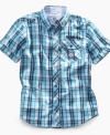 Hot style, cool look. Popular plaid on this Akademiks shirt keeps him comfy, casual and cute in school or out to play.