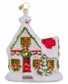 A model home, this beautifully decked ornament boasts brilliant colors and a fresh dusting of snow, all in mouth-blown, hand-painted glass from Christopher Radko.