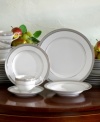 Well-suited for formal occasions, the regal Platinum Crown dinnerware and dishes set from Mikasa features elegant white porcelain trimmed with embossed platinum bands.