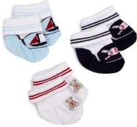 Little Me Baby-Boys Newborn Boat Ball And Bear 3 Pack Bootie Socks, White/Blue, 0-12 Months