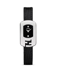 This fashionable timepiece from Fendi features a diamond-accented dial and a black lizard grain leather strap.