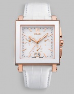 An elegant square timepiece with a ceramic bezel, 18k rose goldplated accents and full chronograph functions.