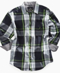 Give him a look that highlights his crisp style with this sharp plaid shirt from Nautica.