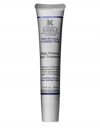 Our High-Potency Spot Treatment powerfully reserves UV Damage three ways: provides instant luminosity & radiance, reverses visible damage on skin surface, and inhibits invisible damage from rising to the surface.Apply on areas of concern for targeted action (such as on intense, stubborn spots) OR apply over the entire face and decollete' for preventative action (such as blotchiness and hyperpigmentation). 1 oz. 