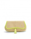 THE LOOKNatural raffia with bright neon leather trimCurvy flap styleSnap flap closure with tassel pullSignature goldtone S studOne inside logo printed open pocketTHE MEASUREMENT9W X 5H X ¼DTHE MATERIALRaffiaLeather trimFully linedORIGINImported